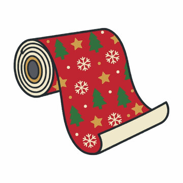 Roll of patterned wrapping paper partly unrolled, flat vector christmas clipart isolated on white background