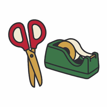 Pair of scissors beside a tape dispenser, bold outline christmas illustration for greeting cards and stickers