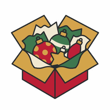Open box of ornaments in tissue paper, cute festive xmas clipart vector icon isolated