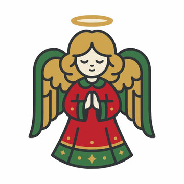 Angel with folded wings and a halo, flat vector christmas clipart isolated on white background