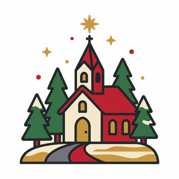 Small village church with a steeple, bold outline christmas illustration for greeting cards and stickers