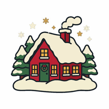 Snow covered cottage with lit windows, cute festive xmas clipart vector icon isolated