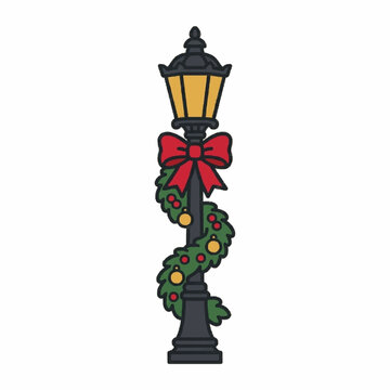 Cast iron street lamp post with a garland, merry christmas flat design element vector illustration