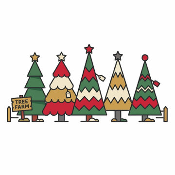 Row of christmas trees at a tree farm, flat vector christmas clipart isolated on white background