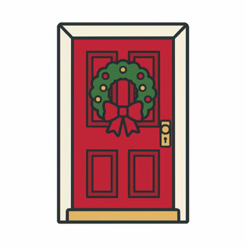 Panelled front door with a wreath, bold outline christmas illustration for greeting cards and stickers