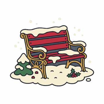 Park bench under a dusting of snow, christmas holiday clipart vector isolated on white