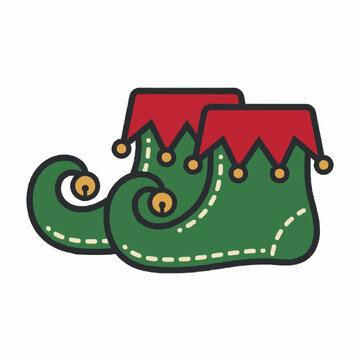 Pair of felt elf shoes with curled toes, merry christmas flat design element vector illustration