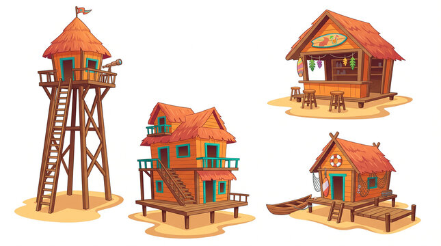 Tropical beach huts, tiki bar, and stilt watchtower set with thatched roofs and wooden architecture, cartoon vector illustration isolated on white background