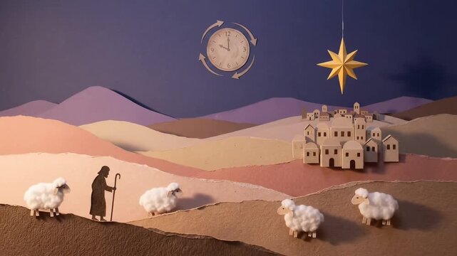Paper cutout Nativity scene building up with shepherds and sheep anima