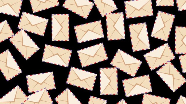 Animated airmail envelopes scattered across a black background, featuring beige paper and colorful borders