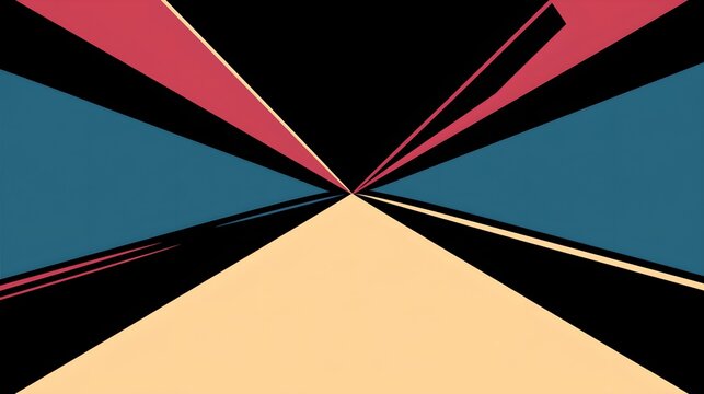 Abstract geometric radial web with converging lines and triangles, red teal cream blocks on black, modern symmetrical mesh for banner and poster design