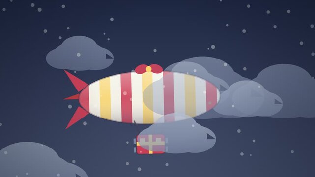 Cartoon Blimp Carrying A Christmas Gift Through A Night Sky