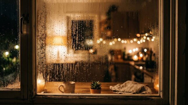 A warm coffee mug sits on a wooden table behind a rainy glass window.
