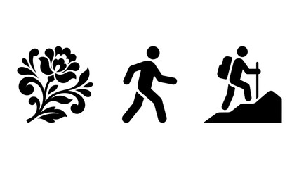 Collection of three black silhouette icons featuring decorative floral motif walking human figure and hiker with backpack climbing mountain path for adventure travel and nature design projects © Dhriti Roy
