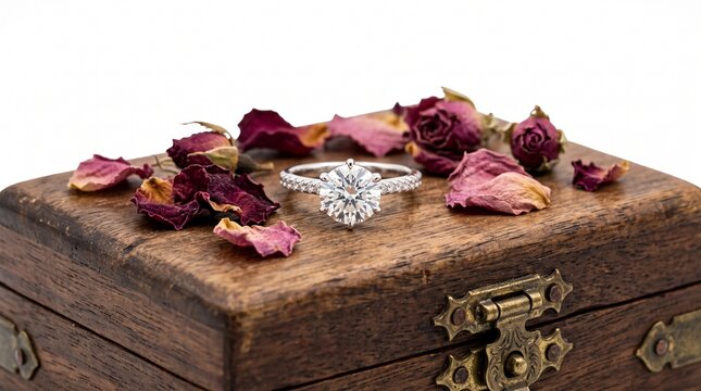 Diamond engagement ring resting on a small wooden jewelry box
