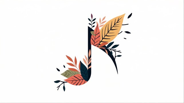 Eighth note shape formed by autumn leaves in orange, red and teal on white background, seasonal fall melody illustration for cozy acoustic concert and poster