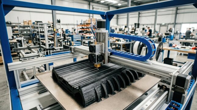 Large-format 3d printer extruding white filament onto a ribbed composite part