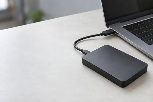 Portable external drive connected to a laptop for data backup