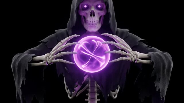 Spooky skeleton reaper holding a glowing purple magic orb of energy for halloween celebrations, dark fantasy mystical death spirit illustration