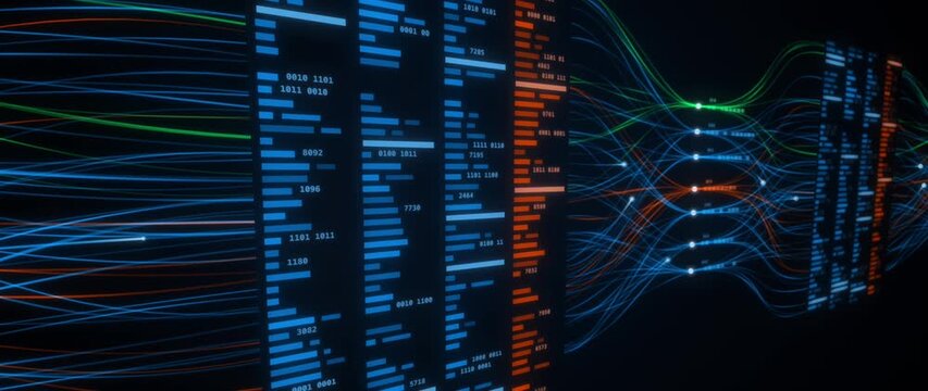 Blue, orange and green data streams flow through network nodes between panels of binary code, digital technology,