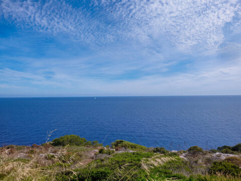 L'immensit&eacute; de la mer M&eacute;diterran&eacute;e d'un bleu profond s'&eacute;tend jusqu'&agrave; l'horizon sous un ciel l&eacute;g&egrave;rement voil&eacute;, offrant une perspective apaisante depuis les falaises verdoyantes de l'&icirc;le de Majorque lor