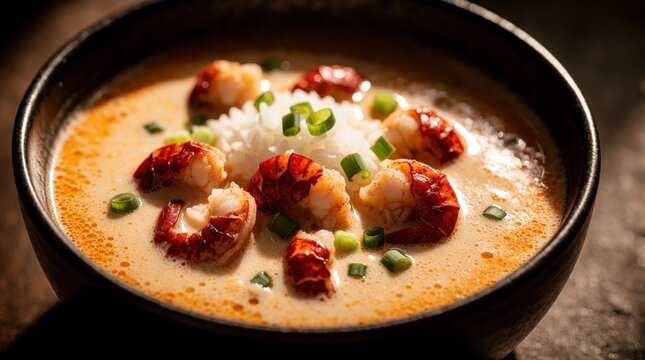 Creamy crawfish bisque in dark ceramic bowl with white rice, green onions. Gourmet seafood soup features juicy lobster meat pieces. Delicious hot Louisiana style meal served in rustic kitchen setting