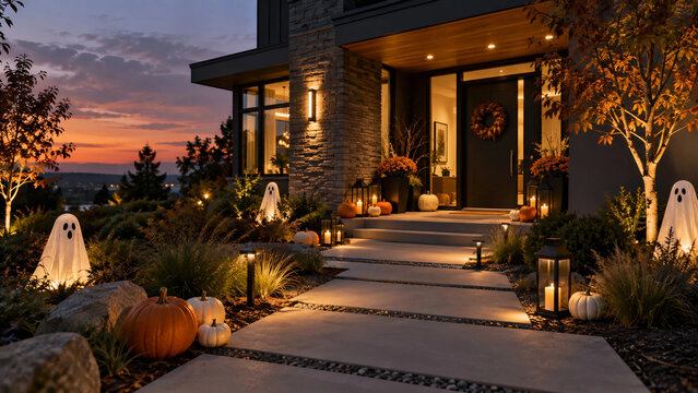 Modern home entrance decorated for Halloween at dusk
