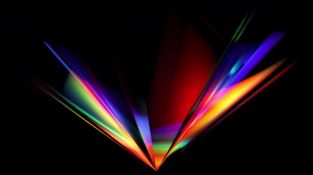 Rotating prism bends light into spectral rays. Brilliant spectral light stretch across darkness with glowing edges. Rotating crystalline geometric with burst of rainbow light. Seamless loop 4K video