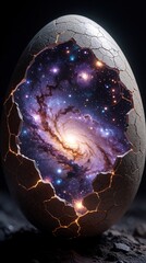 Fototapeta premium Surreal abstract art of giant cracked egg revealing glowing galaxy inside. Cosmic birth of new world with spiral nebula stars, celestial light. Mystical space concept shows universe creation within