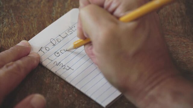 Man writing a to do list on a small notepad with a pencil