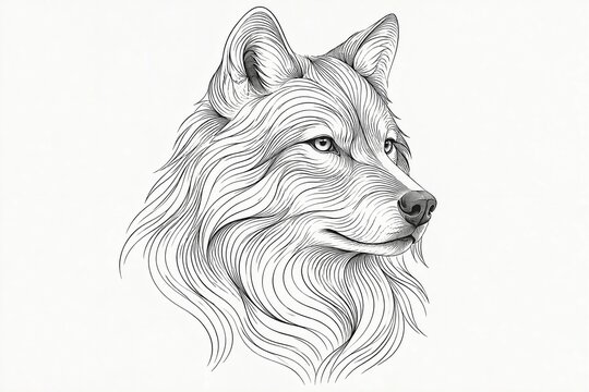 Elegant Wolf Line Art Illustration &ndash; Minimalist Black and White Animal Portrait with Flowing Contour Lines