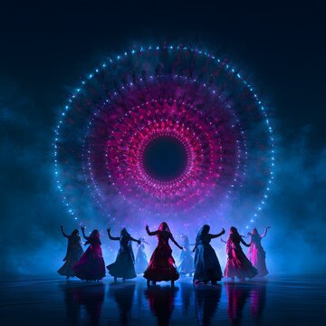 Group of women in traditional indian attire dancing in a circle with a glowing neon mandala light effect