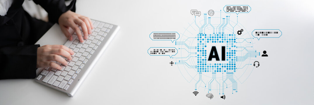 Hands Typing on Keyboard with Digital AI Concept, Futuristic Technology Integration, Data Analysis, Artificial Intelligence Connection, Modern Workspace Design. Sentient.
