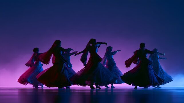 Group of indian female dancers performing traditional folk dance in colorful costumes on a stage with dramatic lighting