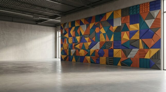 Geometric mural in empty modern interior space
