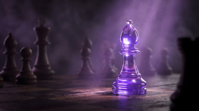 Mystical Purple Chess Bishop Illuminated in Smoky Atmosphere.