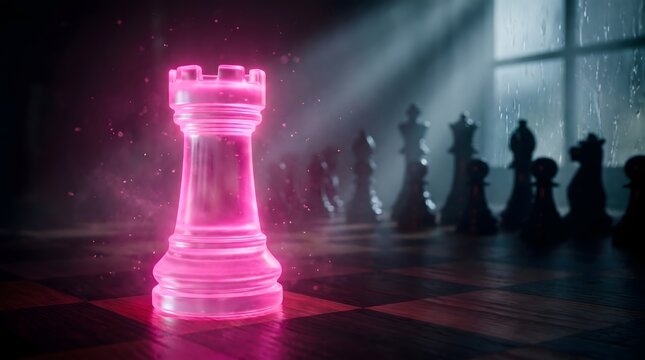 Glowing Pink Chess Rook on a Dark Chessboard with Dramatic Lighting.