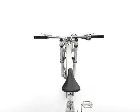 Modern metallic white cross country mountain bike, first person view