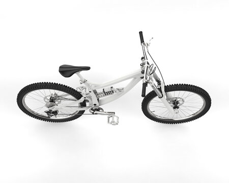 Modern metallic white cross country mountain bike, top down view
