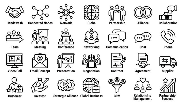 Business line icons set with text labels including handshake, networking, team, and communication symbols.