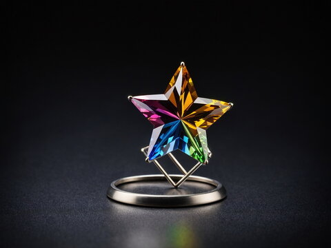 A Multi-Colored Faceted Crystal Star Displaying a Rainbow of Hues on a Metallic Ring Stand Against a Dark Background