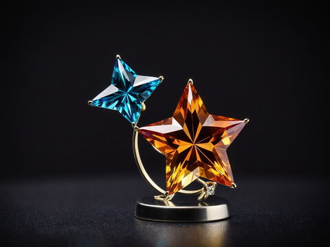 A Modern Crystal Award Featuring a Large Amber Star and a Smaller Blue Star on a Glimmering Gold Stand