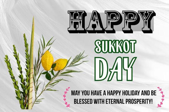 ​Happy Sukkot Day holiday greeting card design featuring four species (lulav, etrog, myrtle, willow) with celebration wishes on abstract background