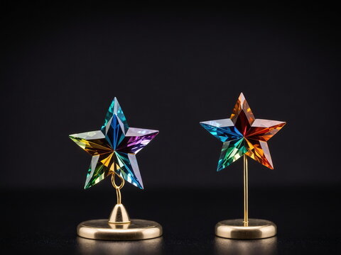 Two sparkling rainbow crystal stars on golden stands against a dark background, showcasing vibrant facets and brilliant reflections.