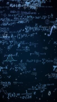 Light blue probability and statistics equations with graphs rise across a dark navy background, math science,