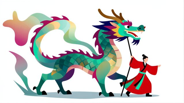 A person in red robes leads a vibrant, colorful dragon with intricate scales.