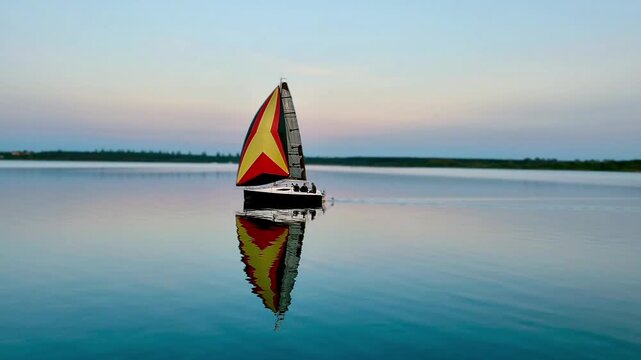 A sailing yacht with a bright sail and its reflection on the calm surface of the lake. Goitzschesee, Germany