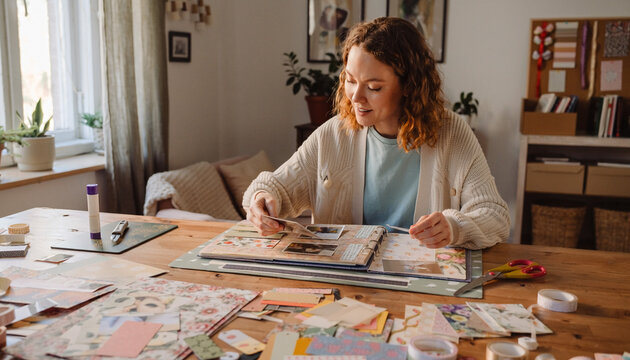 A creative woman joyfully curates a personalized scrapbook at her sunlit wooden table. This cozy scene captures the nostalgic art of preserving memories, ideal for lifestyle or hobby projects.