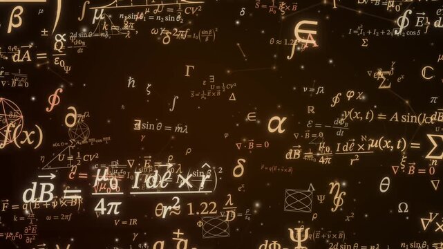 Amber and golden physics equations and wave formulas drift down through a dark warm space, electromagnetism science background