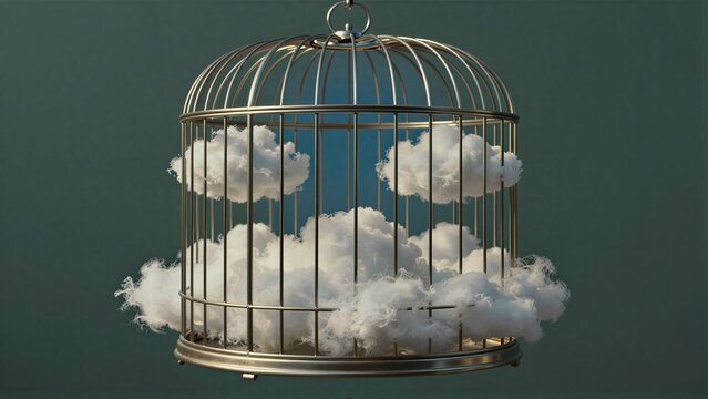 Metal birdcage holds fluffy white clouds against a muted green backdrop.